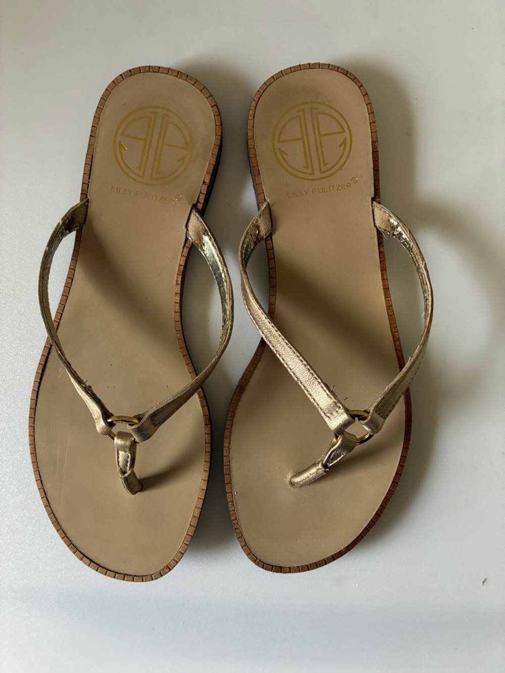 Lilly Pulitzer-Gold Thong Leather upper Sandals Sz 7.5 US